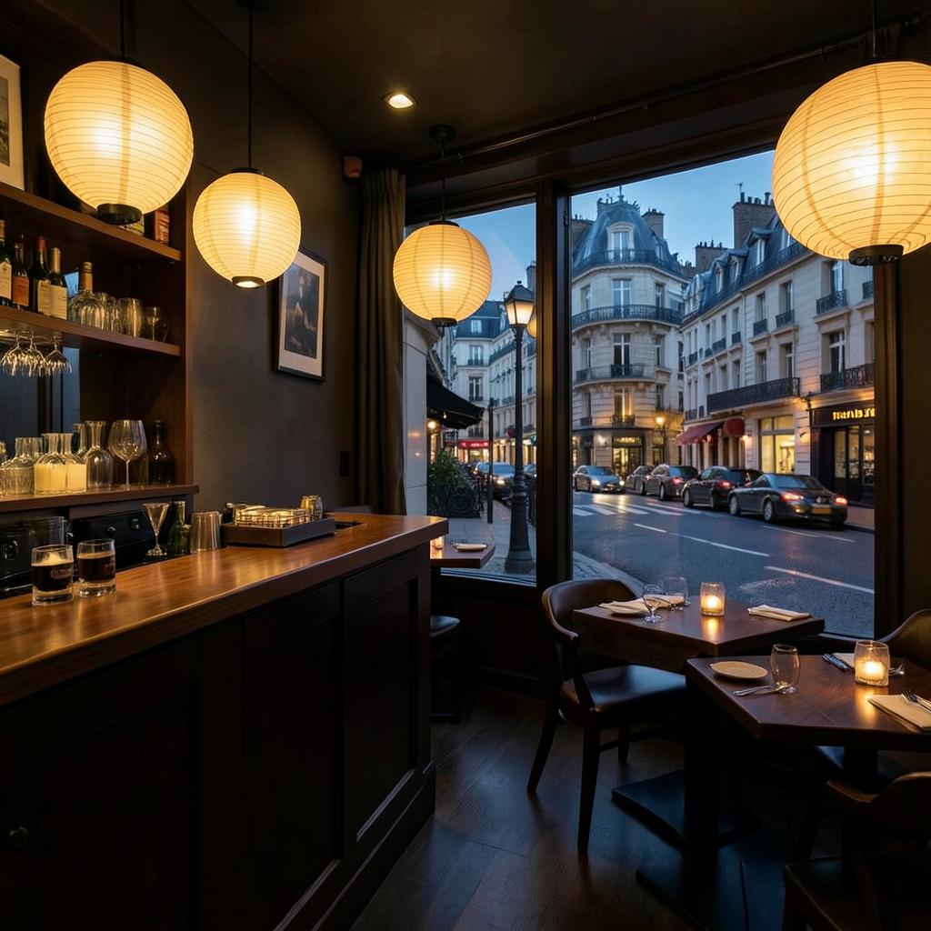 Salle raffinée du restaurant japonais Sushi Rainbow à Paris Bastille, lanternes et comptoir en bois