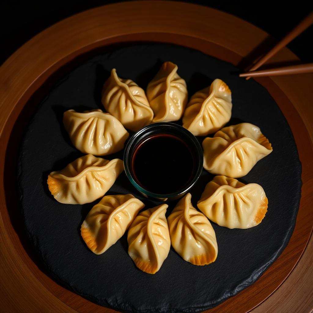 Gyozas japonais dorés à la poêle avec sauce soja, spécialité Sushi Rainbow Paris