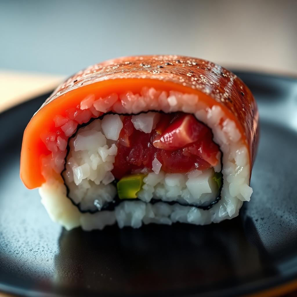 Maki coupé montrant le riz et la garniture
