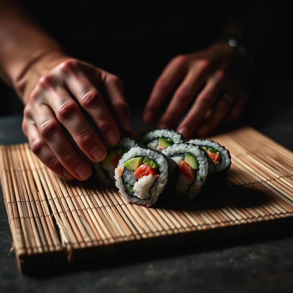 Mains roulant un maki sur une natte de bambou