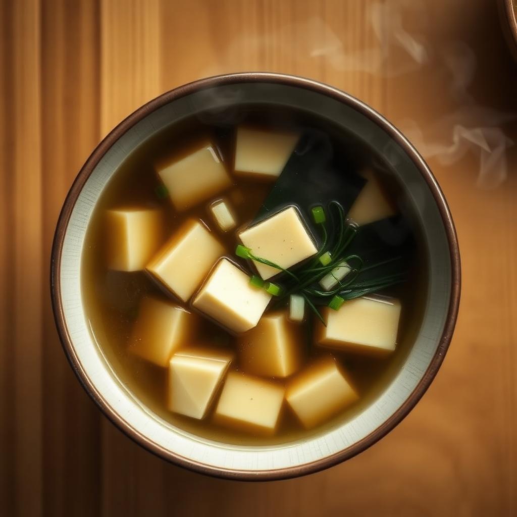 Bol de soupe miso fumant avec tofu et wakame