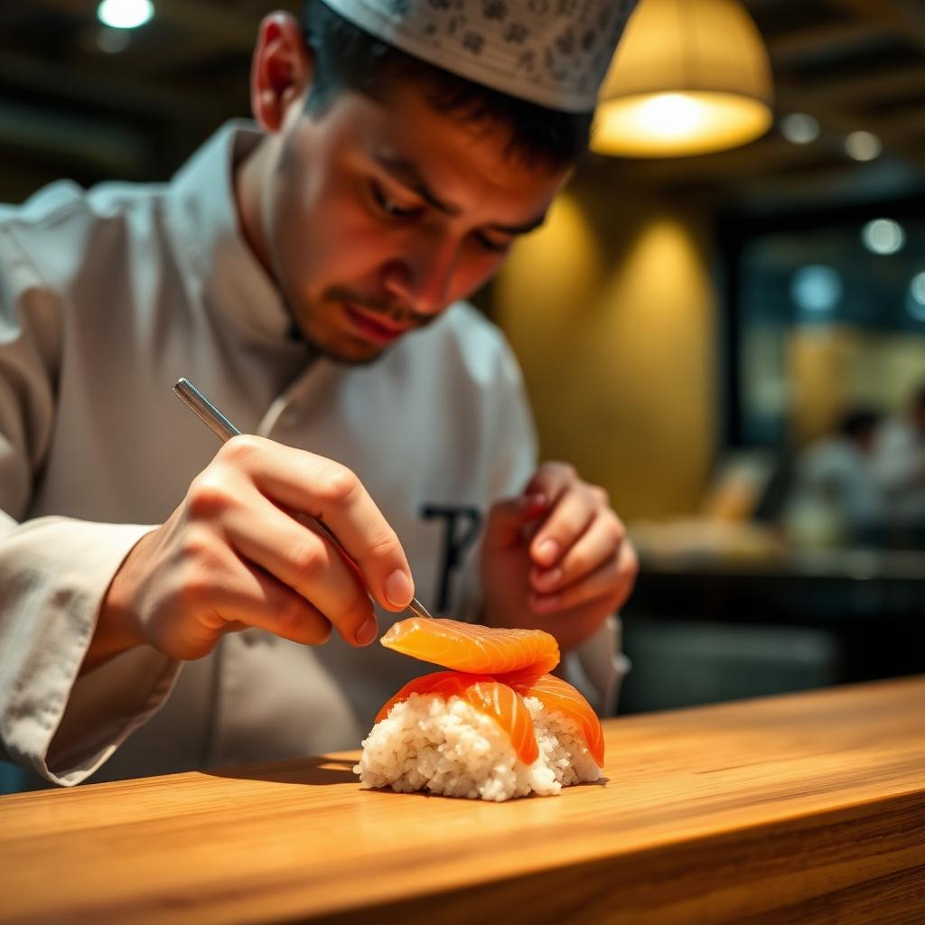 Chef itamae préparant un nigiri au comptoir