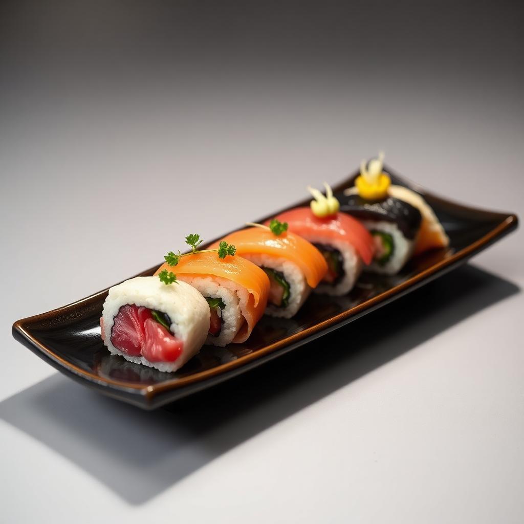 Rangée de nigiri sushi sur un long plat en céramique noire
