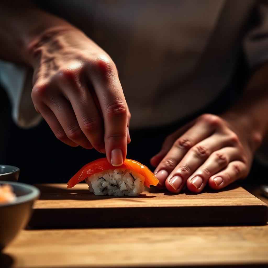 Mains d'un itamae façonnant un nigiri