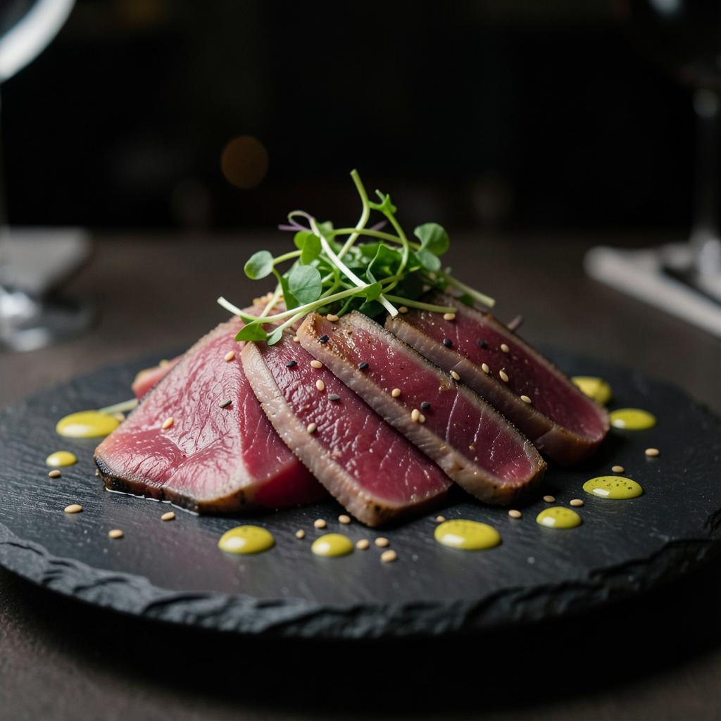 Tataki de thon saisi tranché sur ardoise avec sauce ponzu et graines de sésame, restaurant Sushi Rainbow Paris