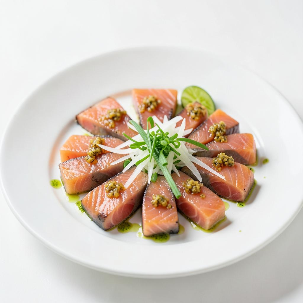 Tataki de saumon tranché en couronne avec sauce ponzu, daikon et ciboule, dressage raffiné Sushi Rainbow