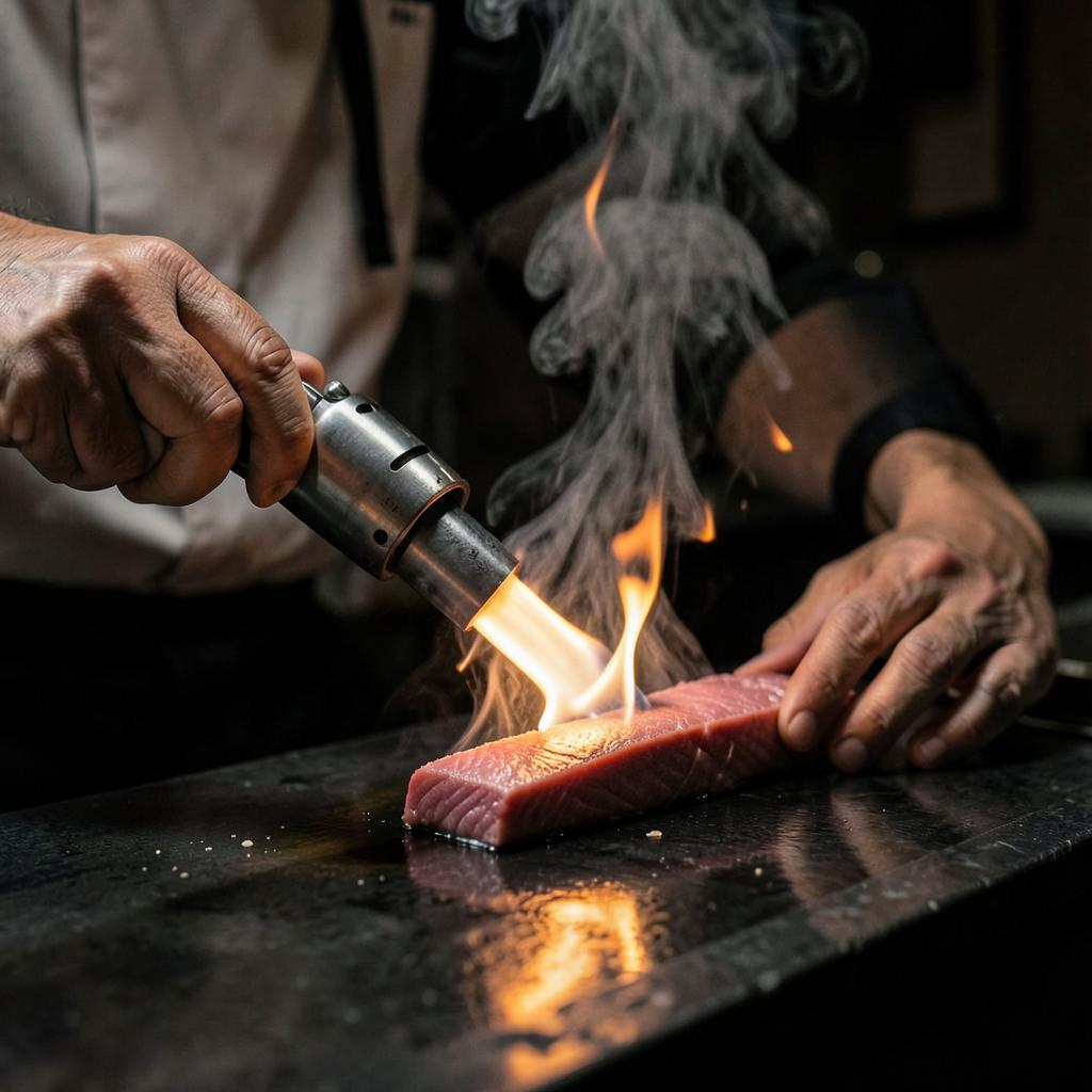 Chef japonais saisissant un pavé de thon au chalumeau pour préparer un tataki, technique warayaki moderne